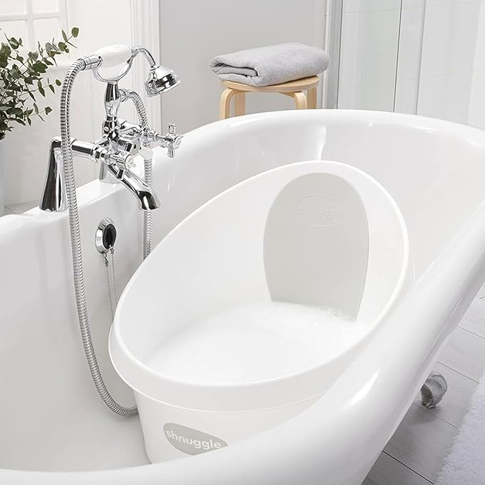 Toddler Bath Tub | Larger Bath for Bigger Kids at Bathtime | Includes Warm and Soft Foam backrest | Grippy Anti-Slip Surface | Includes Easy Drain Bath Plug | White & Grey