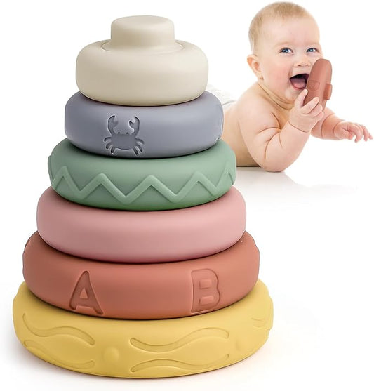 Mini Tudou 6 Pcs Stacking & Nesting Circle Toy,Soft Building Rings Stacker & Teethers,Squeeze Play with Early Educational Learning Stacking Tower, Toy for 6+ Months Boys&Girls