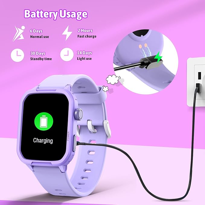 Smart Watch for Kids No Phone Needed, Tempered Glass Fitness Tracker Watch Boy Girl Teens with 19 Sport Modes, Pedometer, Sleep Monitor, Kids Watch Birthday Gifts Toy Gift for Girls Boys 6-16 (Purple)
