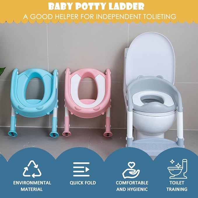 Potty Training Toilet Chair Seat with Step Stool Ladder for Kids and Toddler Boys Girls - Foldable Height Adjustable Children Toilet Training Seat with Safe Handles & Anti-Slip Pads, White-Pink