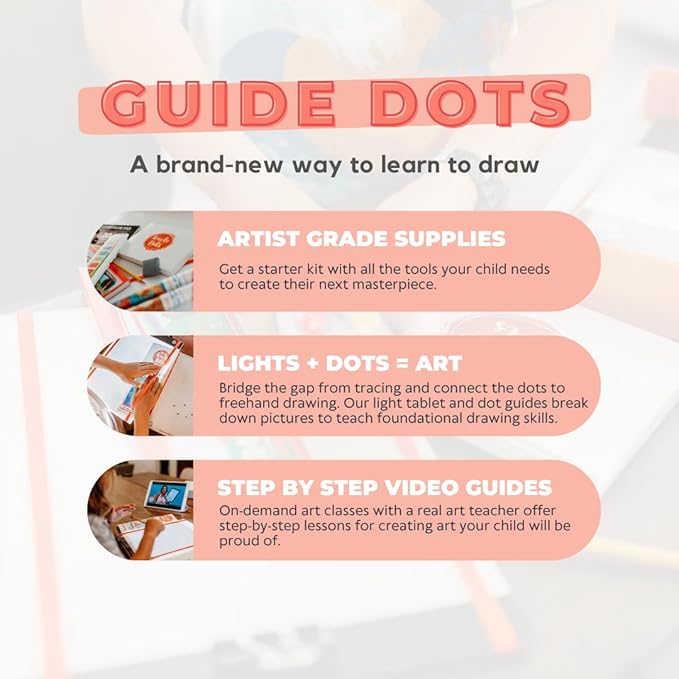 Guide Dots Kid’s Discover Art Kit with Light Up Bright Board – Children’s Drawing Kit – Video Instructions – Art Supplies, Markers, Chalk Pastels – Gift for Boys & Girls – Ages 4-7