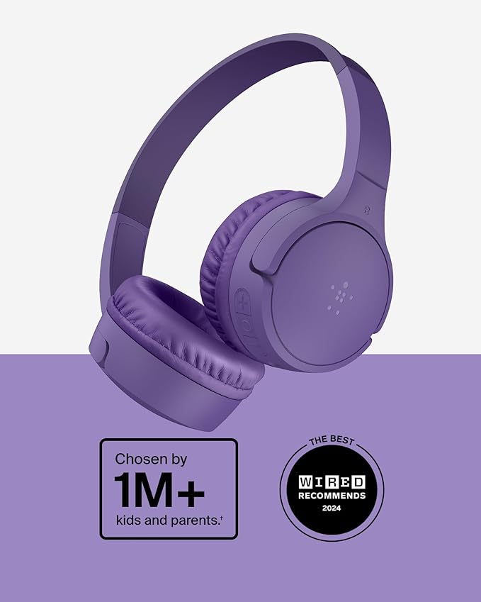 Belkin SoundForm Mini - Wireless Bluetooth Kids Headphones, 30H Battery, 85dB Safe Volume Limit, Built-in Microphone - Toddler On-Ear Earphones for iPhone, iPad, Fire Tablet, Ideal for School - Purple