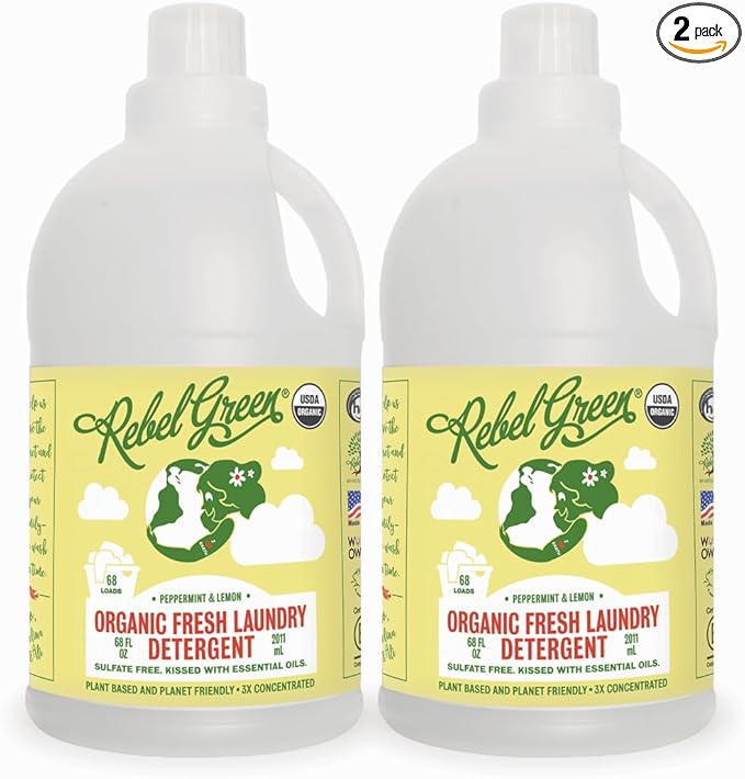 Rebel Green Organic Laundry Detergent - Natural Laundry Soap - Liquid Laundry Detergent with Dispenser Cup - Gentle Laundry Detergent - Fresh Peppermint & Lemon Scent - (68 Load Bottles, 2 Pack)