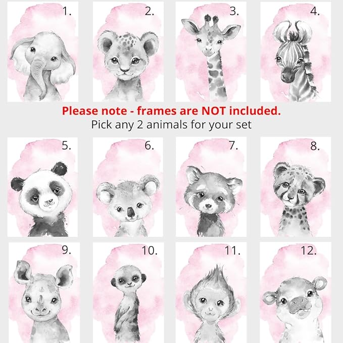 Safari Animals Set of 3 Unframed Poster Prints for Baby Girls Nursery Bedroom Playroom, Personalized Name, Choice of 12 Animals, Pink Purple (8x10)