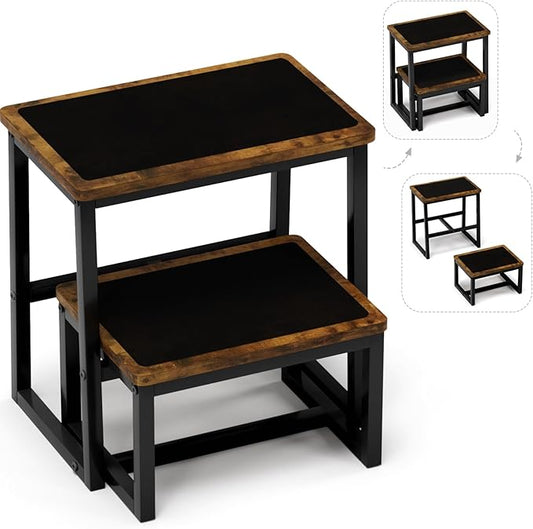 Step Stool for Adults,Holds up to 500Lb,3 in1 Heavy Duty Sturdy Two StepStools for Kichen/Bathroom/High beds, Wooden&Metal Frame, Non-Slip Pads