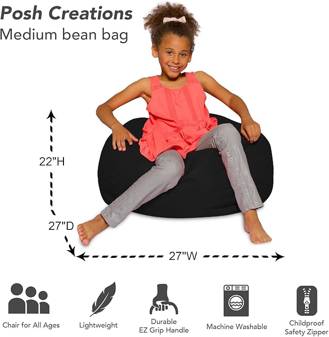 Posh Creations Bean Bag Chair for Kids, Teens, and Adults Includes Removable and Machine Washable Cover, Solid Black, 27in - Medium