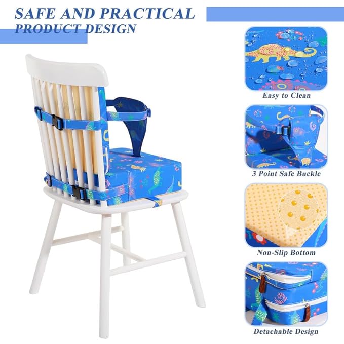 Toddler Booster Seat for Dining Table, Dinosaur Booster Seat for Table with Backrest and Adjustable Seat Belts Non-Slip Bottom Portable Booster Seat Increasing Cushion for Kid Baby Eating Travel Home