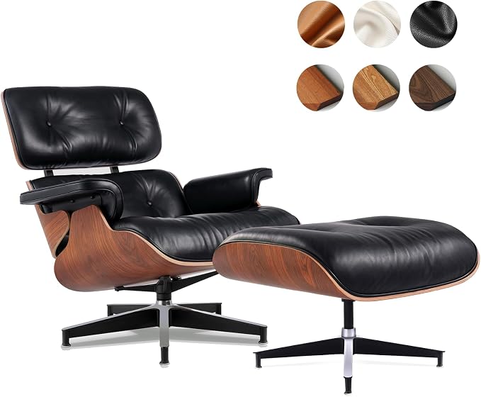 Top Black Grain Leather, Mid Century Chaise Lounge Chair and Ottoman, Accent by MakeHomeBetter