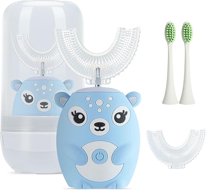 Kids Electric Toothbrushs U Shaped sonic Automatic Toothbrush with 4 Brush Heads, Six Cleaning Modes,Cartoon deer Modeling , full mouth toothbrush for baby