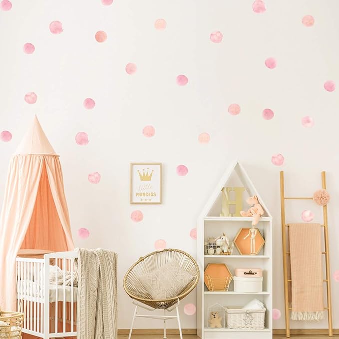 Pink Polka Dot Wall Decals 72 Pcs Watercolor Dots Wall Sticker for Kids Baby Girls Teens and Nursery Room (12 Sheets)
