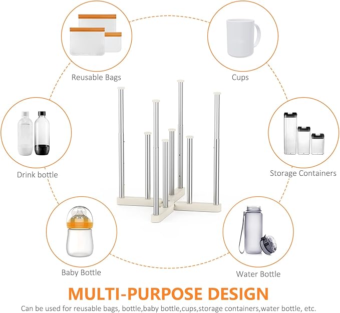 Reusable Storage Bag Drying Rack, Retractable Metal Bottle Drying Rack,Collapsible Cup Draining Rack for Water Bottles, Mason Jars,Mugs,Glass and Sports Bottle (2 PCS)