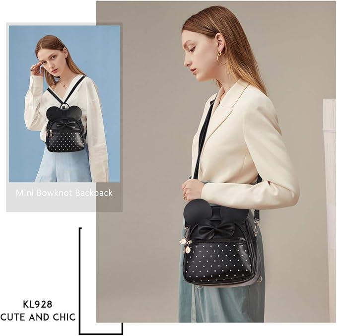 KL928 Girls Bowknot Polka Dot Cute Mini Backpack Small Daypacks Convertible Shoulder Bag Purse for Women
