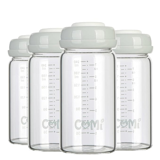 COMI Wide Neck Glass Breastmilk Collection n Storage Bottle, 8oz with Screw Ring Sealing Disk; Re-markable Sealing Disc. BPA Free, Fits Breast Pumps & Nipples (4 Gray Lids)