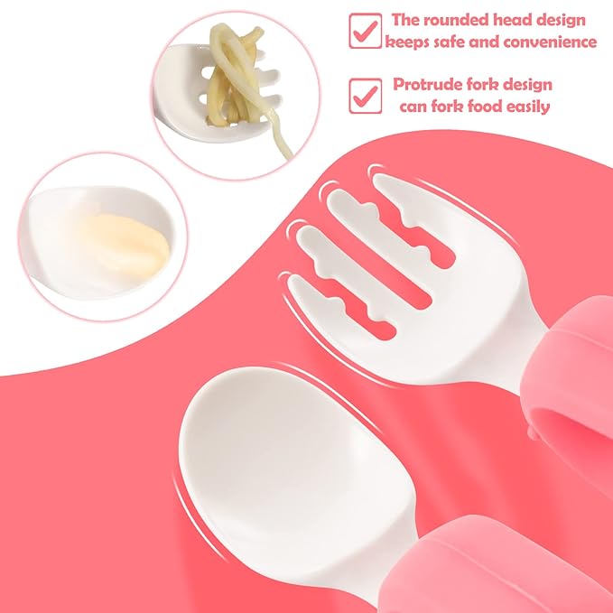 Training Spoon & Fork with Travel Case Pink | Toddler Self Feeding Utensil Set, BPA-Free Cute Circle Silicone ABS Spoons Set for Baby Led Weaning