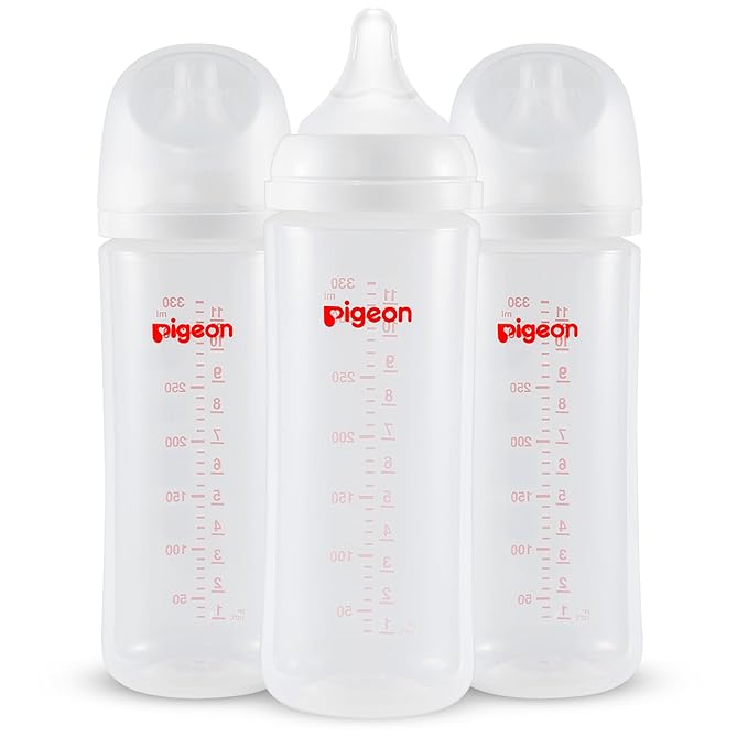 Pigeon PP Nursing Bottle Wide Neck, Anti-Colic, Streamlined Body, Natural Feel, Easy to Clean, 11.2 Oz (Pack of 3), Includes 3pcs L Nipples (6m+)