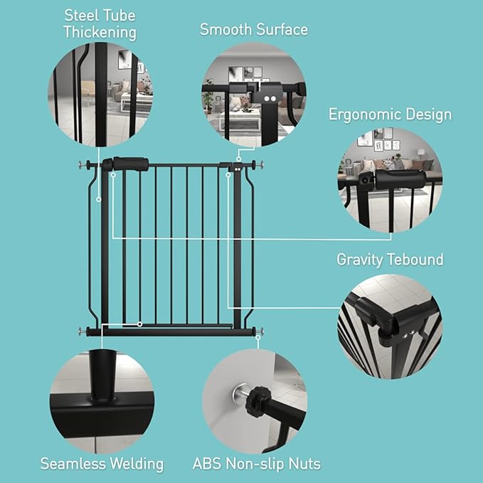 WAOWAO Baby Gate 71.65-76.38" Extra Wide Pressure Mounted Walk Through Swing Auto Close Safety Black Metal Toddler Kids Child Dog Pet Puppy for Stairs,Doorways,Kitchen