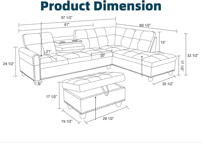 97.5" L Shaped Couch Set, Modular Sectional Couches - Image 2