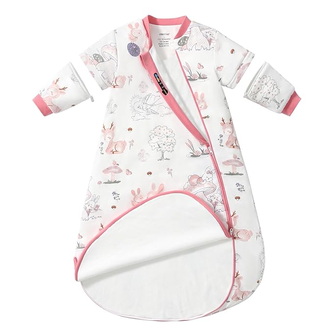 Baby Sleep Sack 12-18 Months, Cotton Detachable Long Sleeve Sleep Sack, 1.0 Tog Toddler Sleeping Sack with Temperature Strips, 2-Way Zipper Wearable Blankets for Newborns, Bunny