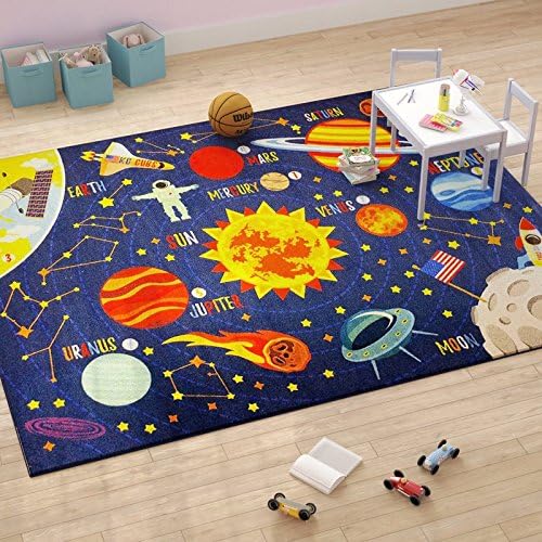 KC Cubs 5x7 Outer Space Solar System Toy Car Road Rug – Educational Play Mat Carpet for Kids, Toddlers, Nursery, Classroom, Playroom, Baby Daycare