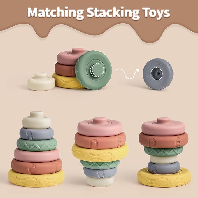 Mini Tudou 6 Pcs Stacking & Nesting Circle Toy,Soft Building Rings Stacker & Teethers,Squeeze Play with Early Educational Learning Stacking Tower, Toy for 6+ Months Boys&Girls
