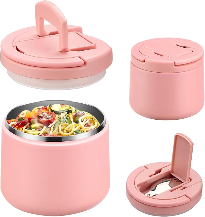 Soup Thermo for Hot Food Kids 14oz Lunch Containers with Buckle Lid Wide Mouth Hot Food Jar Vacuum Insulated Stainless Steel Bento Box Leakproof with Spoon(Pink)