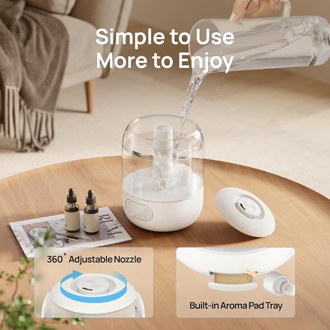 Dreo Humidifiers for Bedroom, 3L Top Fill 30H & 26dB Quiet Runtime for Large Room, Cool Mist Ultrasonic Humidifier with Humidity Sensor, Night Light for Home, Baby, Nursery, Plants, 360° Nozzle, White