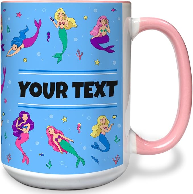Personalized Mug for Kids - Mermaids - Custom Name/Text, Ceramic Hot Chocolate/Cocoa/Coffee Cup for Girls, Birthday/Christmas/Holiday Gift - 15 oz, Pink Handle