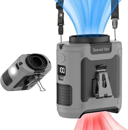 Socool 10000mAh Portable Waist Fan Clip on Wearable Belt Personal Fan Rechargeable Battery Operated With 5 Speeds & Flashlight Neck Hands-Free 40H Cooling For Outdoor Travel Camping Power Bank (Gray)