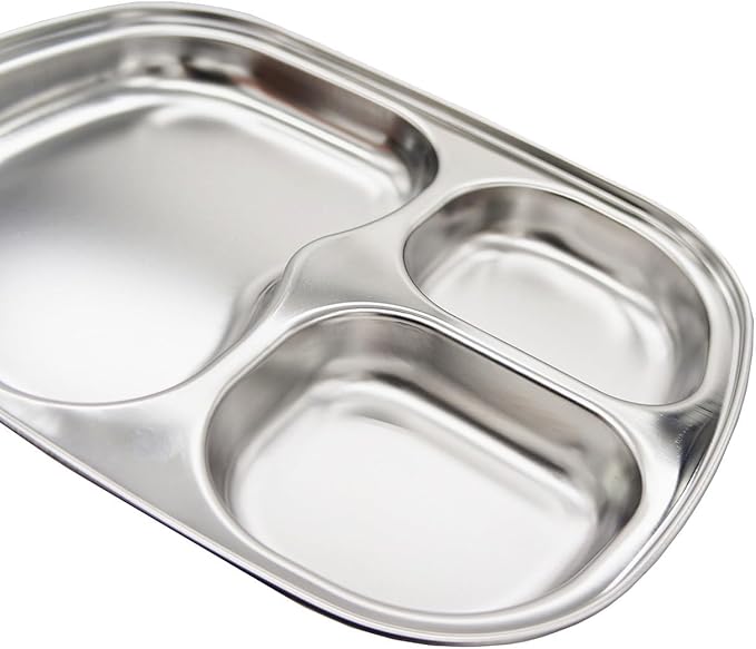 Korean Stainless Steel Divided Plates, Kids Toddlers Babies Tray, BPA Free, Diet Food Control, Camping Dishes, Compact Serving Platter, Dinner Snack, 3 Compartment Plate Silver, Set of 2