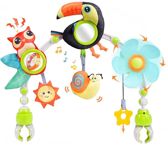 Koty Baby Stroller Arch Toy with Teether, Rattle, Crinkle Sound, Mirror & Music Box, Newborns Sensory Activity Carrier Take-Along Toy, Adjustable for Bouncers, Car Seat & Pram 0M+(Toucan)