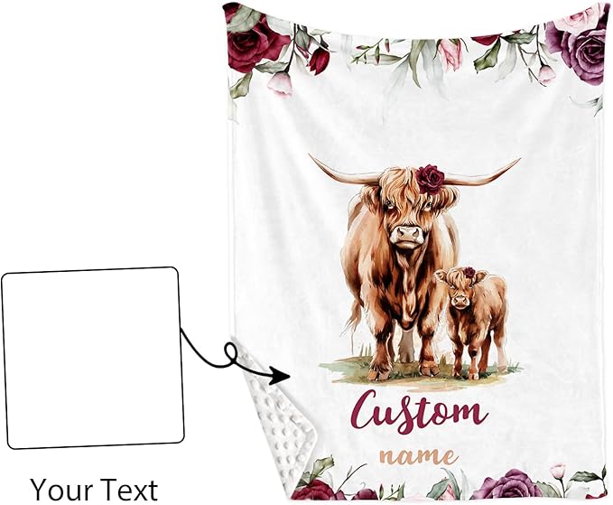Custom Name Crib Bedding Set - Highland Cow Theme, Personalized Rose Floral Nursery Bedding 3-Piece Set– Soft Blanket, Fitted Sheet, Changing Pad Cover – for Newborns Girls Nursery Gifts