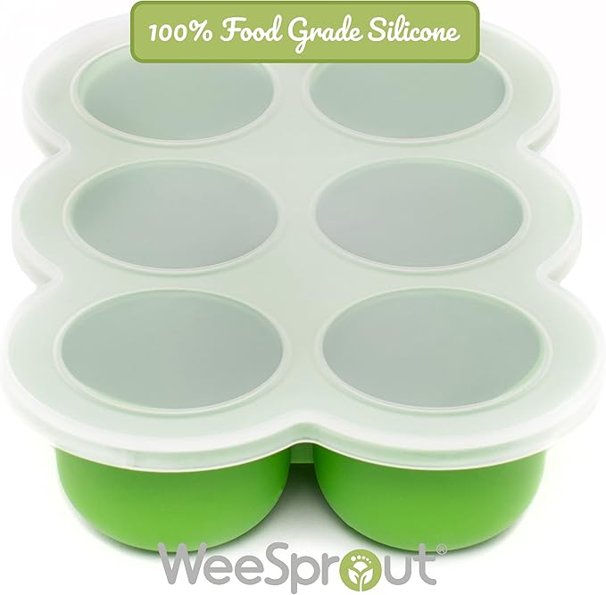 WeeSprout Silicone Freezer Tray with Clip on Lid Perfect Food Storage Container for Homemade Baby Food, Vegetable, Fruit Purees, and Breast Milk (Bright Green, Six 3 Ounce Sections)