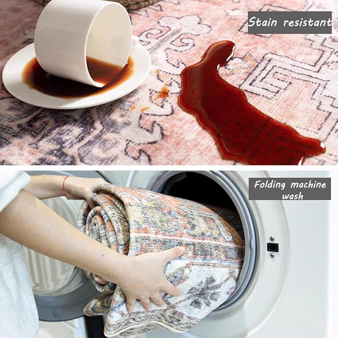 Area Rug 4x6 Washable Rug Gray Vintage Traditional Floor Cover Foldable Thin Retro Accent Indoor Distressed Non Slip Carpet Floral Print Mat Bedroom Living Room Bathroom