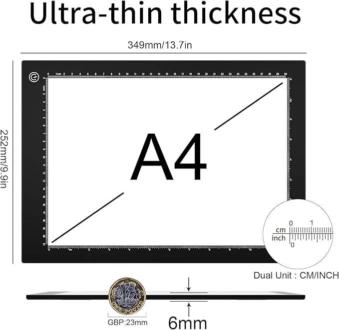 Light Box Drawing Pad A4, Tracing Board with Type-C Charge Cable and Brightness Adjustable for Artists, AnimationDrawing, Sketching, Animation, X-ray Viewing (A4-PS)