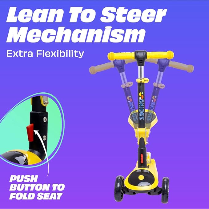 SKIDEE Kick Scooters for Kids Ages 3-5, Adjustable Height Foldable Scooter with Removable Seat, 3 LED Light Wheels, Rear Brake, Wide Standing Board, Suitable Up to 12 Year Old Boys/Girls