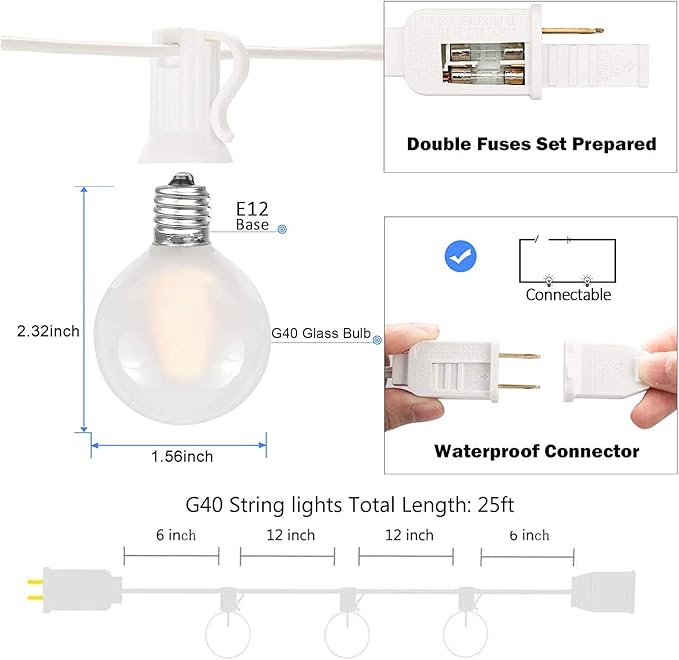 25Ft G40 LED Outdoor Christmas Frosted White String Lights with 27 G40 White Pearl Shatterproof Bulbs, Connectable Vintage Christmas Globe Patio Lights for Holiday Wedding Party Café Porch Party-White