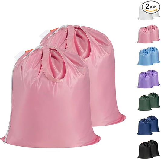 Polecasa Small Heavy Duty Laundry Bag with 130gsm Tear Resistant Fabric and Handles, Easy to Carry Durable Dirty Clothes Drawstring Bag, Perfect for College Dorm, Travel, 2 Pack 21”x24”,Pink