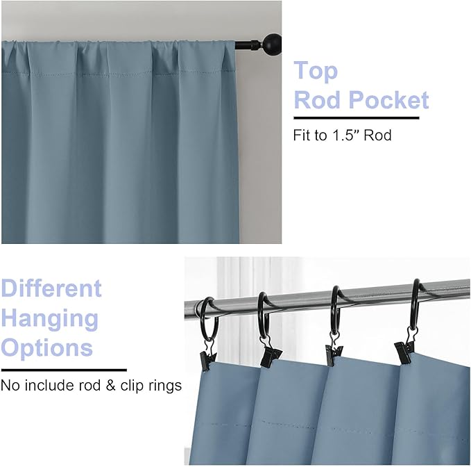 Simplebrand Ava Stone Blue Blackout Curtains for Bedroom 84 Inch Length 2 Panels Set, Solid Thermal Insulated Privacy Living Room Window Treatment Curtains Blackout Drapes, W50 x L84 Inch, Stone Blue