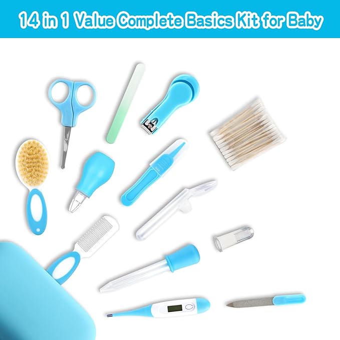 Baby Grooming Kit，Infant Safety Care Setwith Hair Brush Comb Nail Clipper Nasal Aspirator, Baby Essentials Kit for Newborn Girls Boys (14 PC-Blue Kit)
