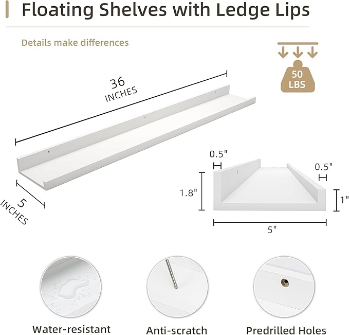 Picture Ledge Shelf, Wood Floating Shelves Set of 2, 36 inch Picture Ledge Shelves, Photo Ledge Nursery Book Shelves Wall Mounted for Living Room Kids' Room Bedroom, Color White