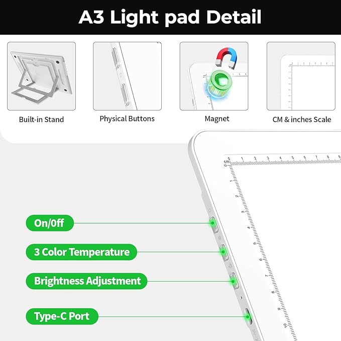 Zocelight Rechargeable A3 Light Board with Built-in Stand,Super Bright Magnetic Light Box for Tracing,Wireless Light Pad for Diamond Painting,Side Buttons,LED Light Table for Drawing,Sketching(White)
