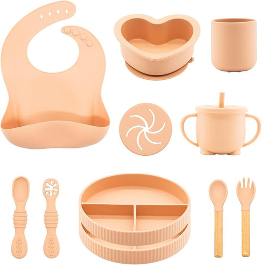 Silicone Baby Feeding Set 11 Pcs, Baby Led Weaning Supplies, Baby Feeding Supplies Set BPA Free, Baby Essentials for Newborn Gift Pink