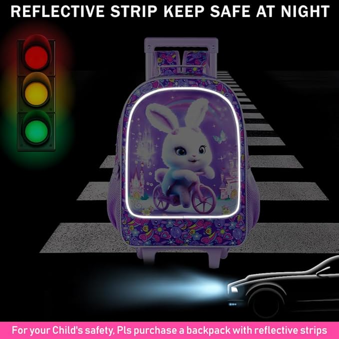 Rolling Backpack for Girls, Cute Rabbit Roller Wheels Kids Bookbag - Wheeled Elementary School Bag - 3PCS Rabbit