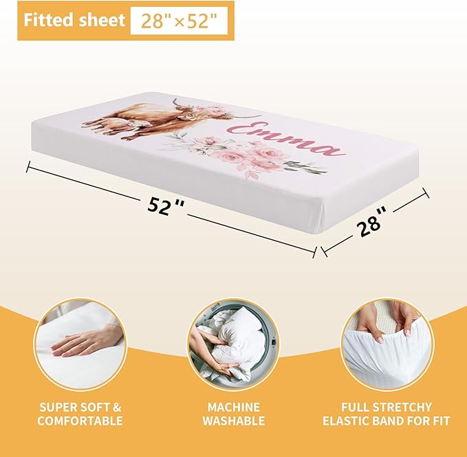 Personalized Baby Crib Bedding Set, 5 Pcs Custom Name Nursery Bedding Set, Pink Highland Cow Baby Bedding Set for Girl, Double Layer Baby Crib Sets, Customized Gifts for Toddlers Kids Infants