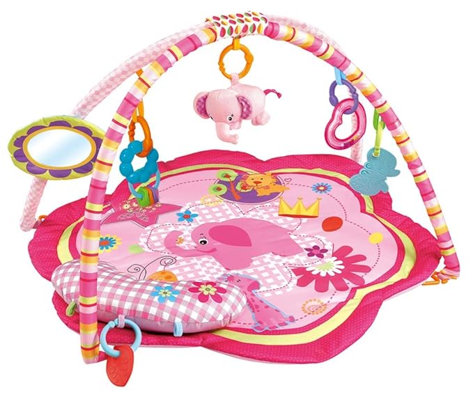 Pink Baby Acctivity Play Gyms Playmats Colorful Infants Toddler Play Mat with Arches, Activity Toys, Plush Animals, Elephant