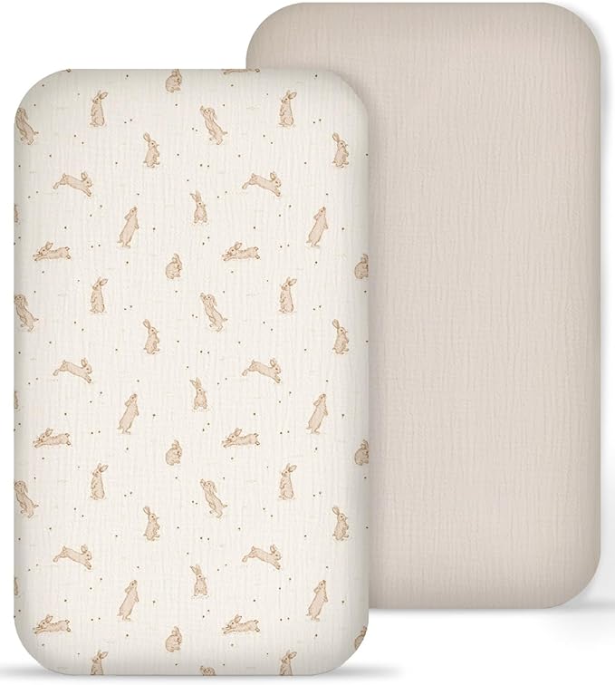 Muslin Bedside Bassinet Sheets 2 Pack, 33x20 Fitted Ultra Soft & Breathable Bedside Sleeper Sheets, Ideal for Baby Girl and Boy, Perfect for Newborns (Hopping Bunnies & Beige)