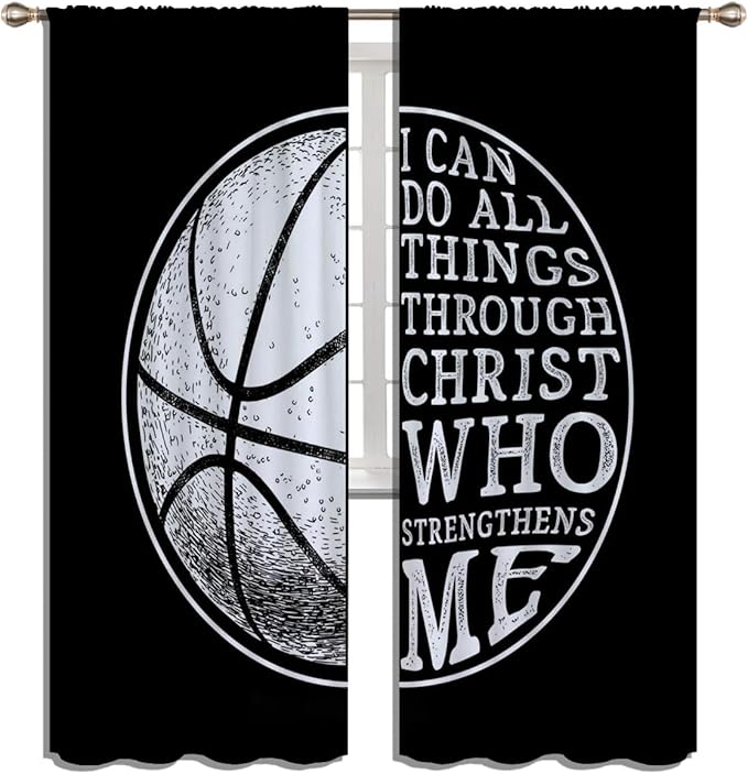 Basketball Blackout Curtains for Boy Girl Room Darkening Decor,Sport Theme and White Motto Dark Background Bedroom Living Room Home Rod Pocket Thermal Insulated Window Curtain/Drapes Panel,84x63 Inch…