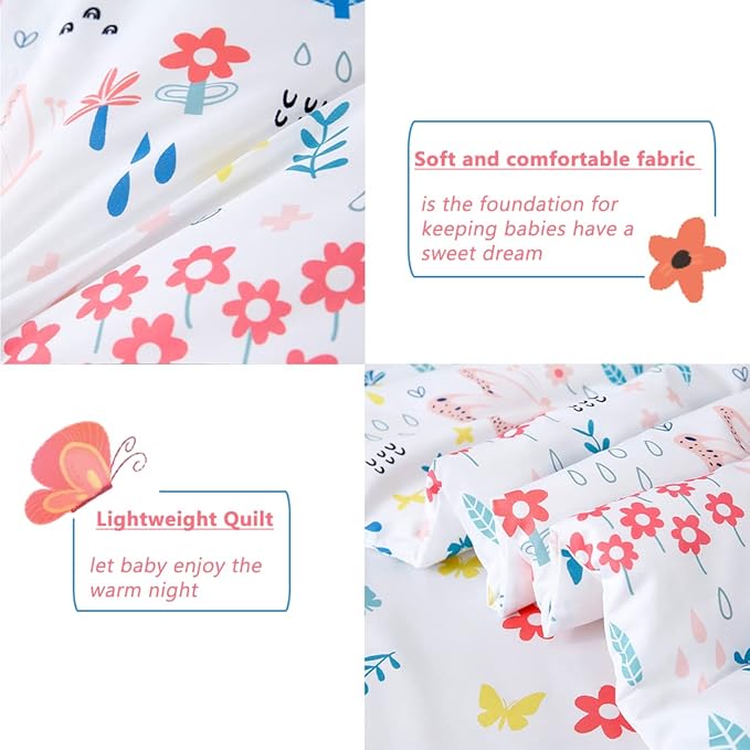 PERFEMET 5 Pieces Girls Bed in A Bag Full Size Reversible Pink Flowers Butterfly Comforter Set with Sheet Soft Lightweight Botanical Floral Bedding Set for Kids Teen(White, Full)