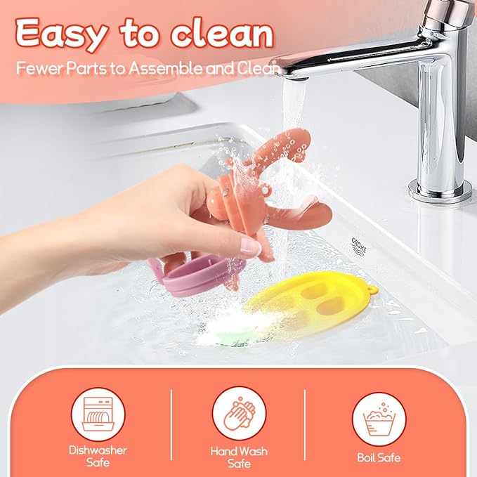 Baby Fruit Food Feeder - Silicone Nibble Tray Combo - Breastmilk Popsicle Mold for Cooling Relief, BPA Free Mesh Feeder for Infant Self Feeding (Antler Pink + Pineapple)