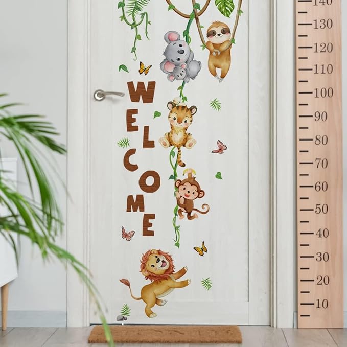 clothmile Watercolor Jungle Animal Wall Decals Welcome Animal Wall Sticker Lion Monkey Koala Wall Decals for Kids Baby Nursery Playroom Bedroom Classroom Kindergarten Wall Decor
